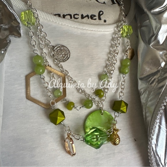 Peridot and silver statement layered multi charms necklace - Picture 1 of 5